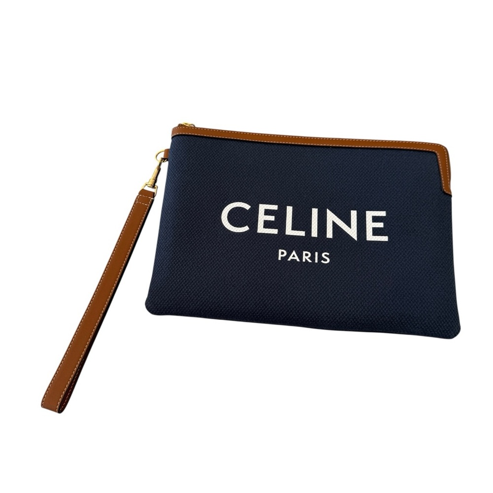 Celine Paris Navy Blue Zipper Cloth Pouch Clutch Wristlet Item #1272661